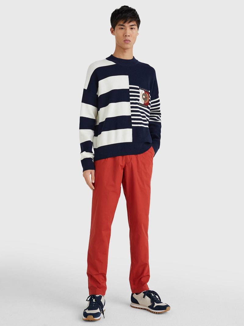 Férfi Tommy Hilfiger Icon mix stripe crewneck Pulóverek Kék Fehér | HU 952VRW